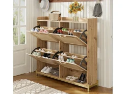 Zapatero con 4 puertas de ratán - 108,5 x 24 x 100 cm - estructura de metal - MDF - natural