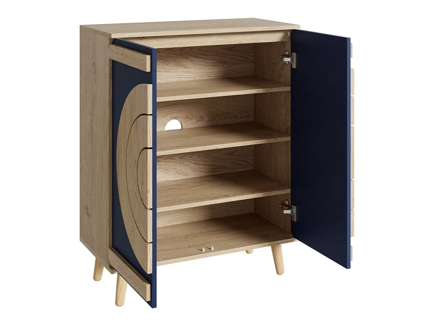 Zapatero con 2 puertas redondas y geométricas - Azul y natural claro