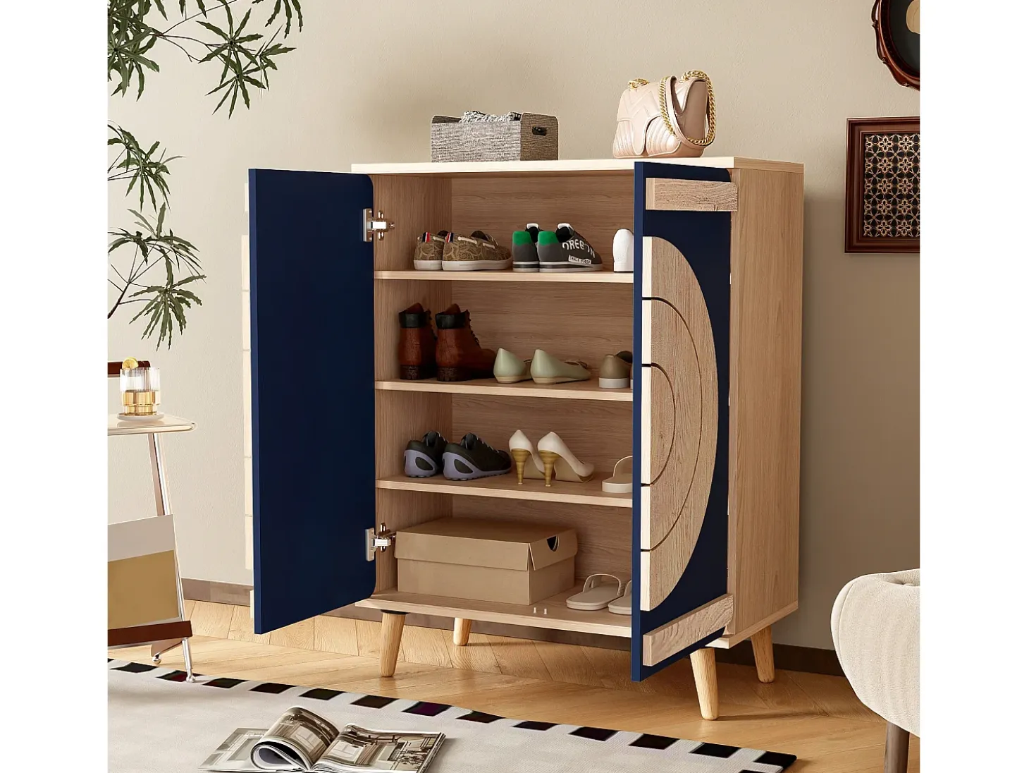 Zapatero con 2 puertas redondas y geométricas - Azul y natural claro