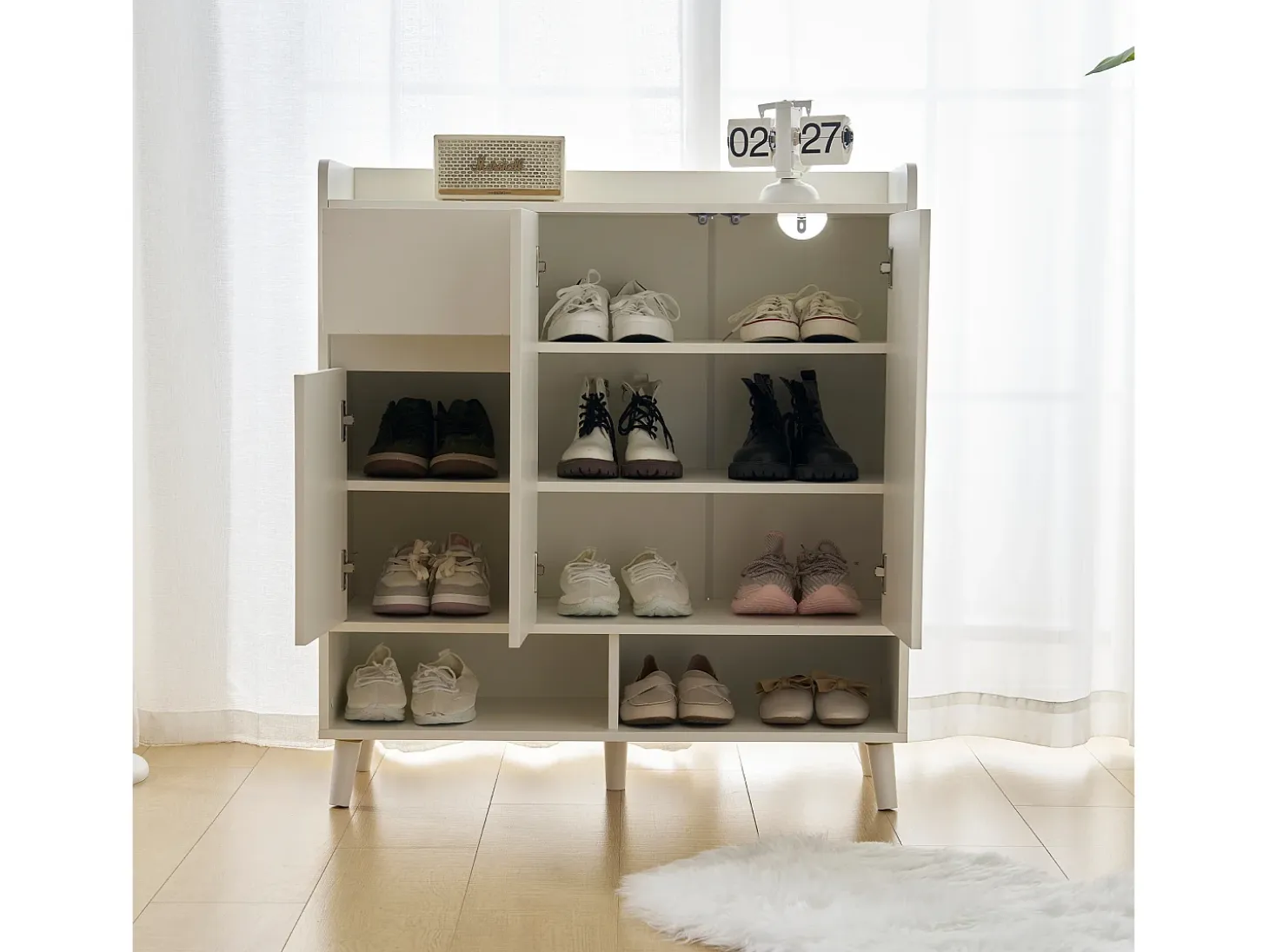 Zapatero con 3 puertas y 1 cajón - 99 x 35 x 90 cm - Estantes regulables - Tablero de partículas - Blanco