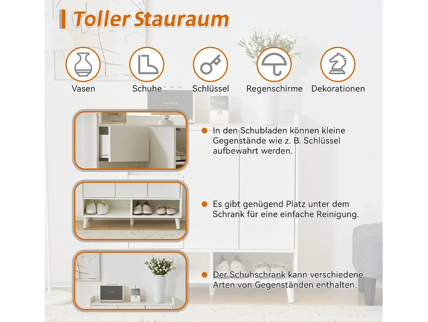 Zapatero con 3 puertas y 1 cajón - 99 x 35 x 90 cm - Estantes regulables - Tablero de partículas - Blanco