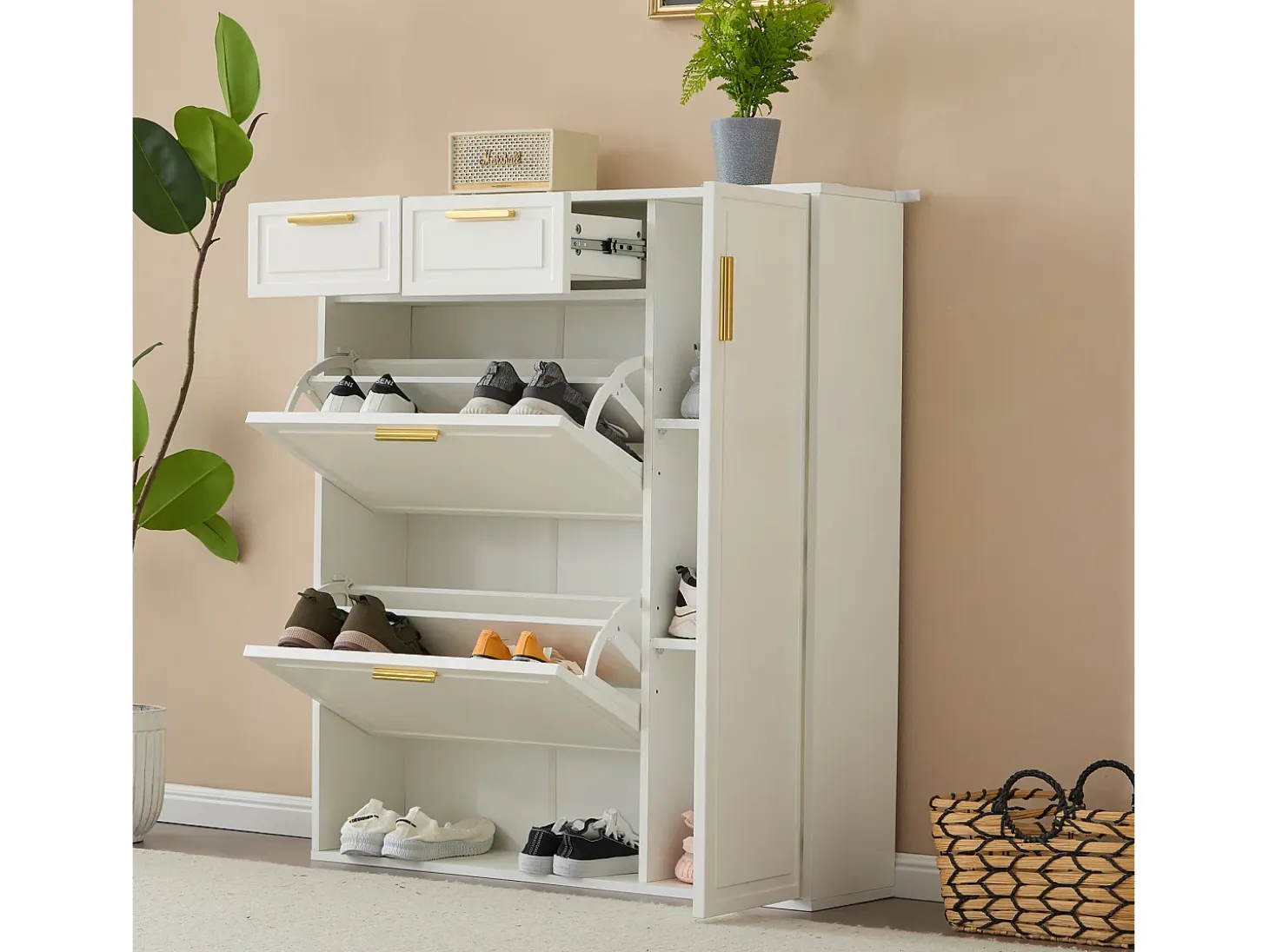 Zapatero con 3 puertas y 2 cajones - 95 x 24 x 107,5 cm - Estantes regulables - Tablero de partículas - Blanco