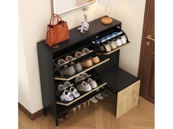 Zapatero con 4 puertas y taburete cambiador - 105 x 25 x 115,5 cm - MDF - Negro brillo