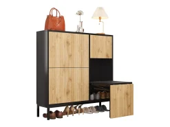 Zapatero con 4 puertas y taburete cambiador - 105 x 25 x 115,5 cm - MDF - Negro brillo