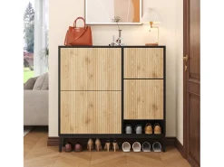 Zapatero con 4 puertas y taburete cambiador - 105 x 25 x 115,5 cm - MDF - Negro brillo