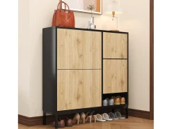 Zapatero con 4 puertas y taburete cambiador - 105 x 25 x 115,5 cm - MDF - Negro brillo