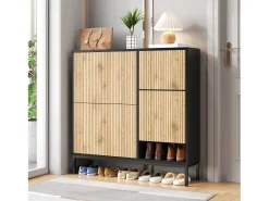 Zapatero con 4 puertas y taburete cambiador - 105 x 25 x 115,5 cm - MDF - Negro brillo