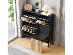 Zapatero con 4 puertas y taburete cambiador - 105 x 25 x 115,5 cm - MDF - Negro brillo
