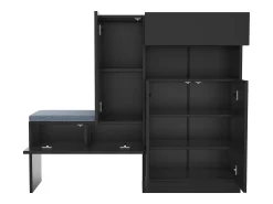 Zapatero con asiento acolchado - Zapatero de 3 puertas y 1 cajón - Almacenamiento abierto - Negro
