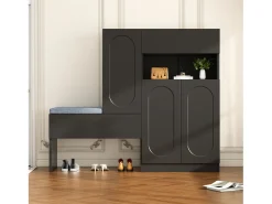 Zapatero con asiento acolchado - Zapatero de 3 puertas y 1 cajón - Almacenamiento abierto - Negro