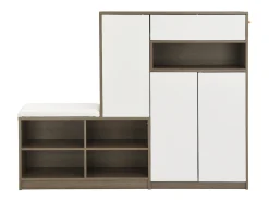 Zapatero con asiento acolchado - Zapatero de 3 puertas y 1 cajón - almacenaje abierto - blanco y madera