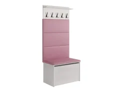 Zapatero con Asiento Color Blanco, Paneles Tapizados Color Rosa y Perchero de Pared – 5 Ganchos, 4 Paneles con Velcro, Diseño Práctico 192x73x40 cm