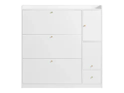 Zapatero con banco abatible, 3 estantes basculantes, almacenaje en la entrada, madera, blanco (119x24x122 cm)
