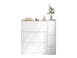 Zapatero con banco abatible, 3 estantes basculantes, almacenaje en la entrada, madera, blanco (119x24x122 cm)