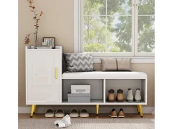 Zapatero con banco acolchado y almacenaje, puerta lacada en blanco, estantes regulables, accesorios dorados (120x35x71,5 cm)