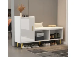 Zapatero con banco acolchado y almacenaje, puerta lacada en blanco, estantes regulables, accesorios dorados (120x35x71,5 cm)
