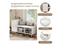 Zapatero con banco acolchado y almacenaje, puerta lacada en blanco, estantes regulables, accesorios dorados (120x35x71,5 cm)