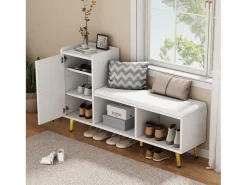 Zapatero con banco acolchado y almacenaje, puerta lacada en blanco, estantes regulables, accesorios dorados (120x35x71,5 cm)
