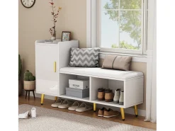 Zapatero con banco acolchado y almacenaje, puerta lacada en blanco, estantes regulables, accesorios dorados (120x35x71,5 cm)