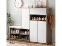 Zapatero con banco para zapatos, 3 puertas y 1 cajón, madera y blanco - para recibidores
