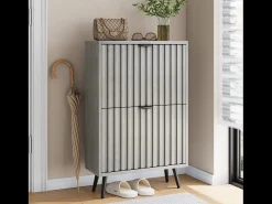 Zapatero con diseño de ranuras, 2 cajones abatibles, MDF, gris (60x24x94 cm)