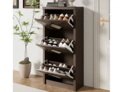 Zapatero con puertas abatibles, decoración de ratán, tableros de partículas, madera oscura (54x25x115cm)