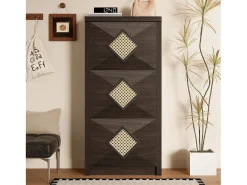 Zapatero con puertas abatibles, decoración de ratán, tableros de partículas, madera oscura (54x25x115cm)