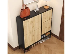Zapatero con taburete cambiador, 3 estantes abatibles, espacio de almacenamiento abierto, MDF, color negro y madera (100x25x100 cm)