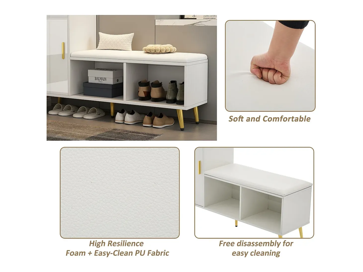 Zapatero con varios niveles de almacenamiento y asiento acolchado, color blanco