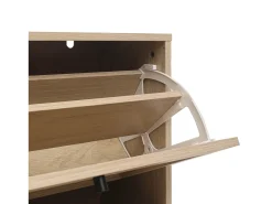 Zapatero de 3 niveles, diseño bohemio con puertas de ratán, MDF, madera natural (60x24x121 cm)