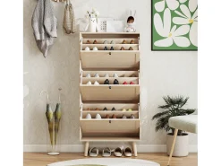 Zapatero de 3 niveles, diseño bohemio con puertas de ratán, MDF, madera natural (60x24x121 cm)