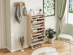 Zapatero de 3 niveles, diseño bohemio con puertas de ratán, MDF, madera natural (60x24x121 cm)