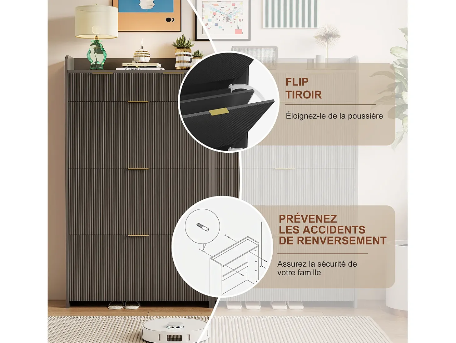Zapatero de 3 puertas y 2 cajones con estante zapatero inclinable, 77 x 24 x 133,5 cm, negro