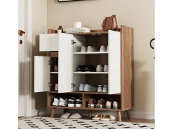 Zapatero de entrada con estantes regulables, 3 puertas y 1 cajón, patas de madera - blanco y natural