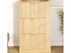 Zapatero de madera - 70 x 23,5 x 11,5 cm - Diseño de 3 puertas + estantes abiertos - MDF - natural