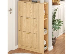 Zapatero de madera - 70 x 23,5 x 11,5 cm - Diseño de 3 puertas + estantes abiertos - MDF - natural