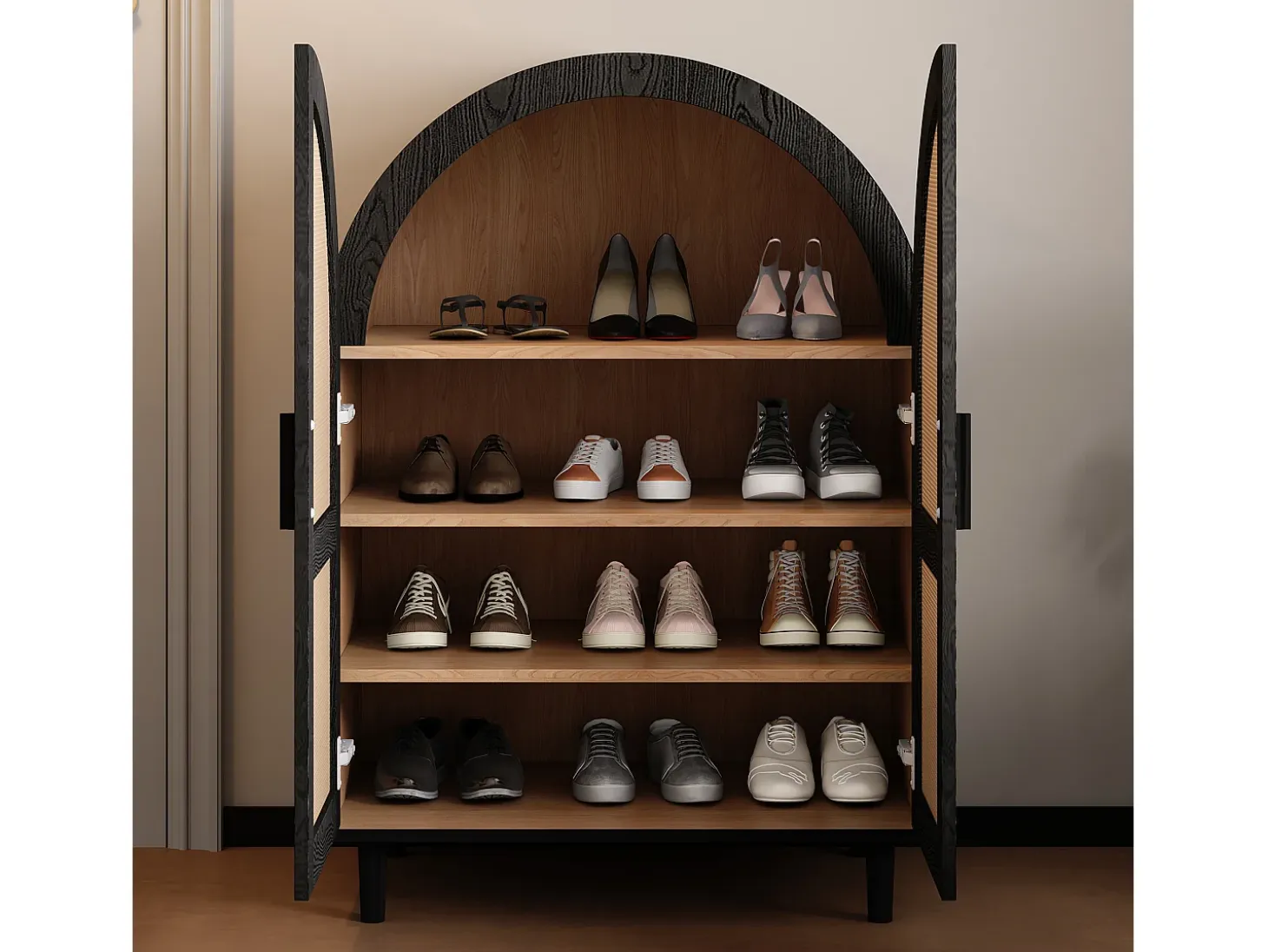 Zapatero de madera - Zapatero con 2 puertas de ratán y 3 estantes - para salones y entradas