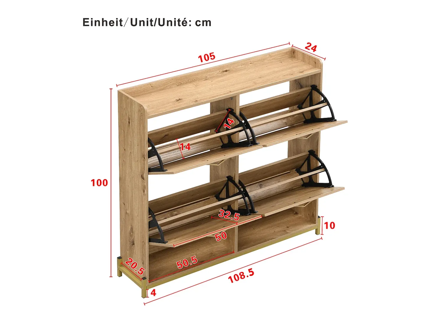 Zapatero de madera con 4 puertas, MDF, (108,5x24x100 cm)