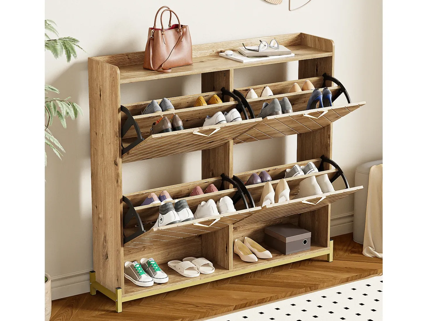Zapatero de madera con 4 puertas, MDF, (108,5x24x100 cm)