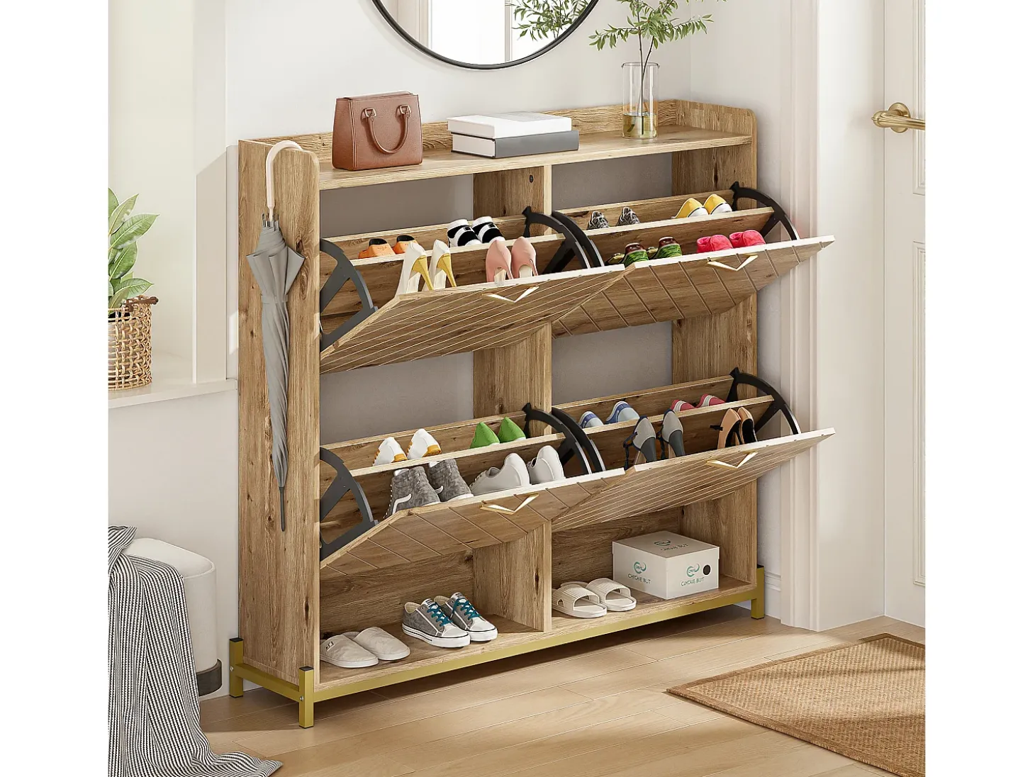 Zapatero de madera con 4 puertas, MDF, (108,5x24x100 cm)