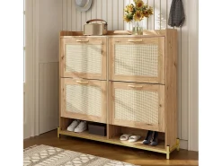 Zapatero de madera con cuatro cajones abatibles, puertas de ratán, dimensiones: 108,5 x 24 x 100 cm