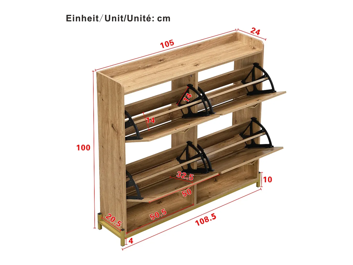 Zapatero de madera con puertas de ratán, metal, 4 puertas, (108,5x24x100 cm)