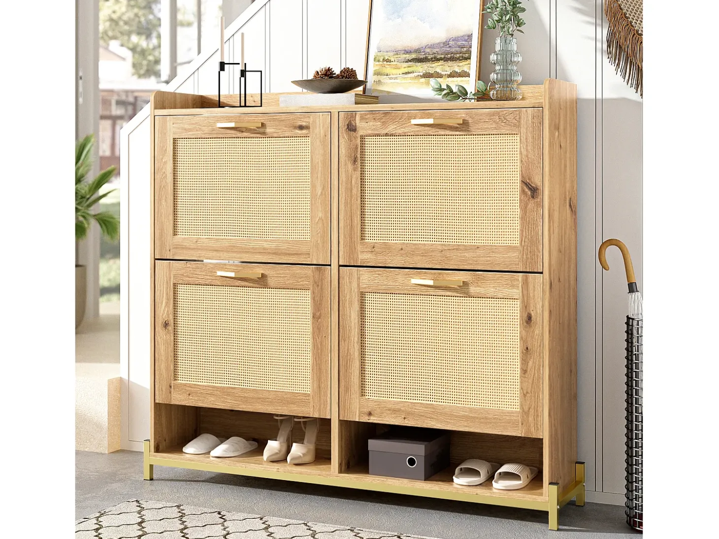 Zapatero de madera con puertas de ratán, metal, 4 puertas, (108,5x24x100 cm)
