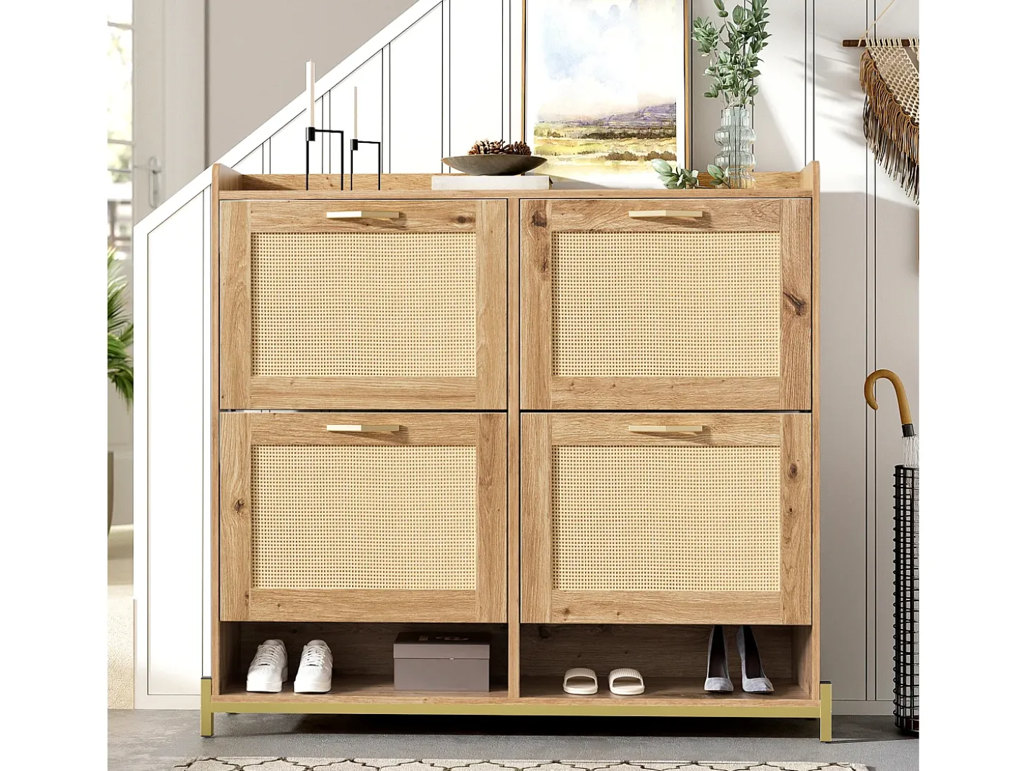Zapatero de madera con puertas de ratán, metal, 4 puertas, (108,5x24x100 cm)