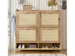 Zapatero de madera con puertas de ratán, metal, 4 puertas, (108,5x24x100 cm)