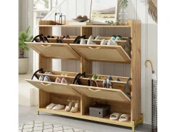 Zapatero de madera con puertas de ratán, metal, 4 puertas, (108,5x24x100 cm)