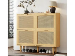 Zapatero de madera y ratán - 4 puertas abatibles - Natural