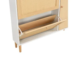 Zapatero de madera y ratán - 3 puertas abatibles y 1 cajón - estante regulable - Natural y Blanco