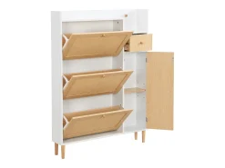 Zapatero de madera y ratán, 3 puertas y 1 cajón, 90x17x125 cm, color natural + blanco