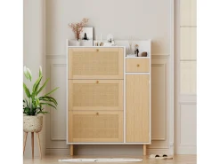Zapatero de madera y ratán, 3 puertas y 1 cajón, 90x17x125 cm, color natural + blanco